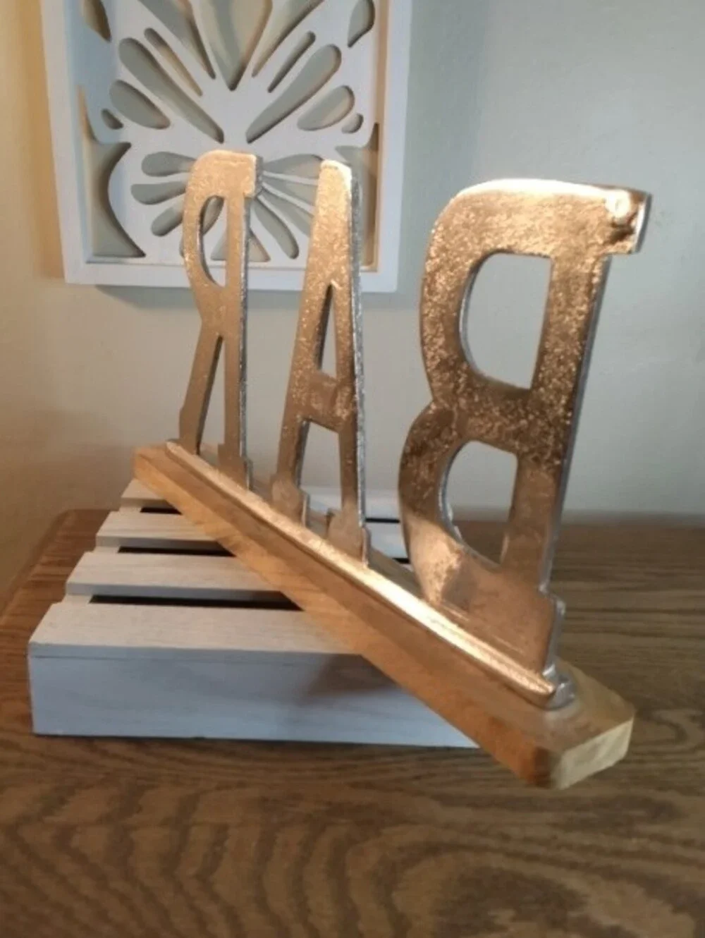Decorative Silver 'BAR' Letter Sign on Wood Base